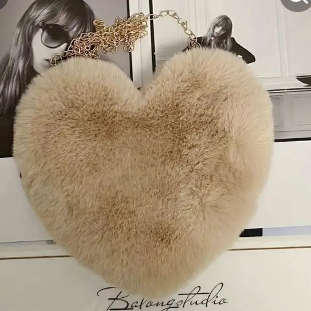 Light Khaki Heart Shaped Fluffy Crossbody or Shoulder Bag w/ Gold Chain …
